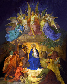 Birth of Christ Nativity scene with Angels Christmas Card.