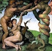 Eve and Adam and the Serpent in the Garden by Michelangelo