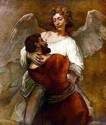 Jacob Wrestles the Angel by Rembrandt Harmensz, free christian art