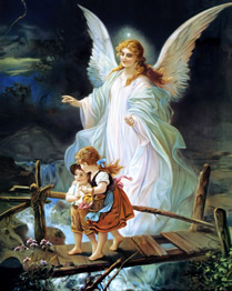 Guardian Angel watching over children on bridge by Lindberg